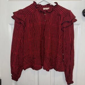 Faherty Women’s Sandia Red Black Gingham Blouse Size XS Long Sleeve Ruffle